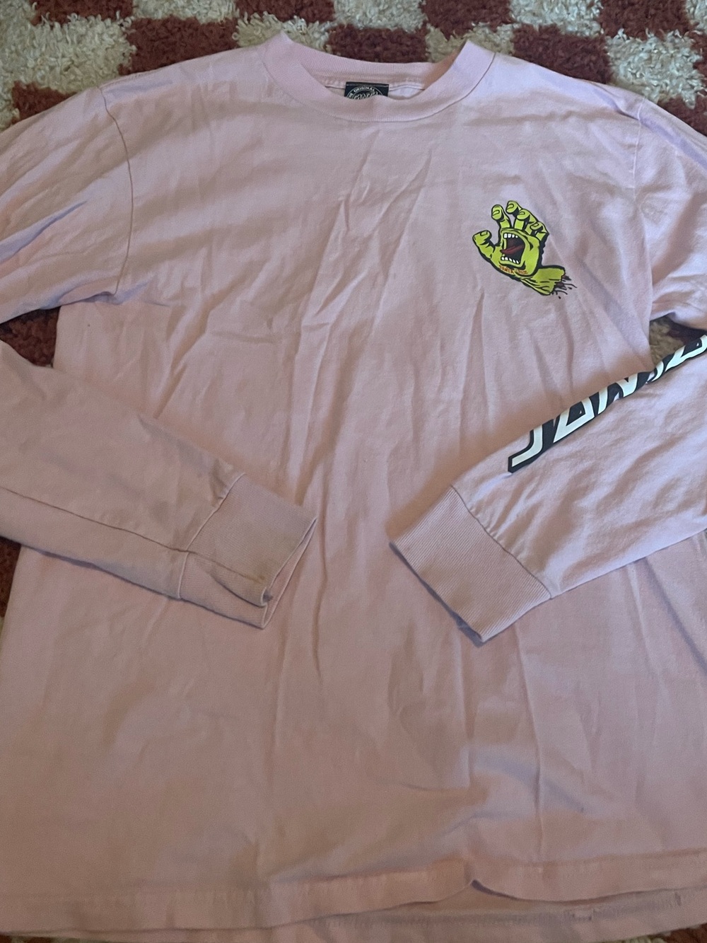 Santa Cruz skateboarding Pink Long Sleeve Graphic Tee with Yellow Hand Logo